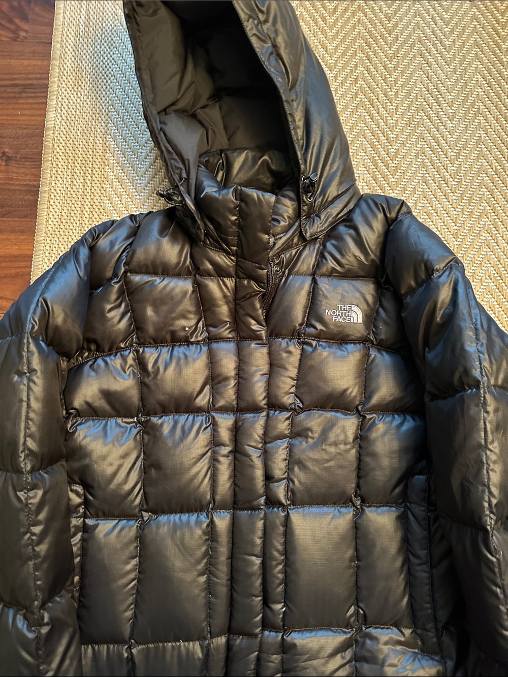 North Face women’s down coat jacket long 600 large black hooded parka - Picture 4 of 7